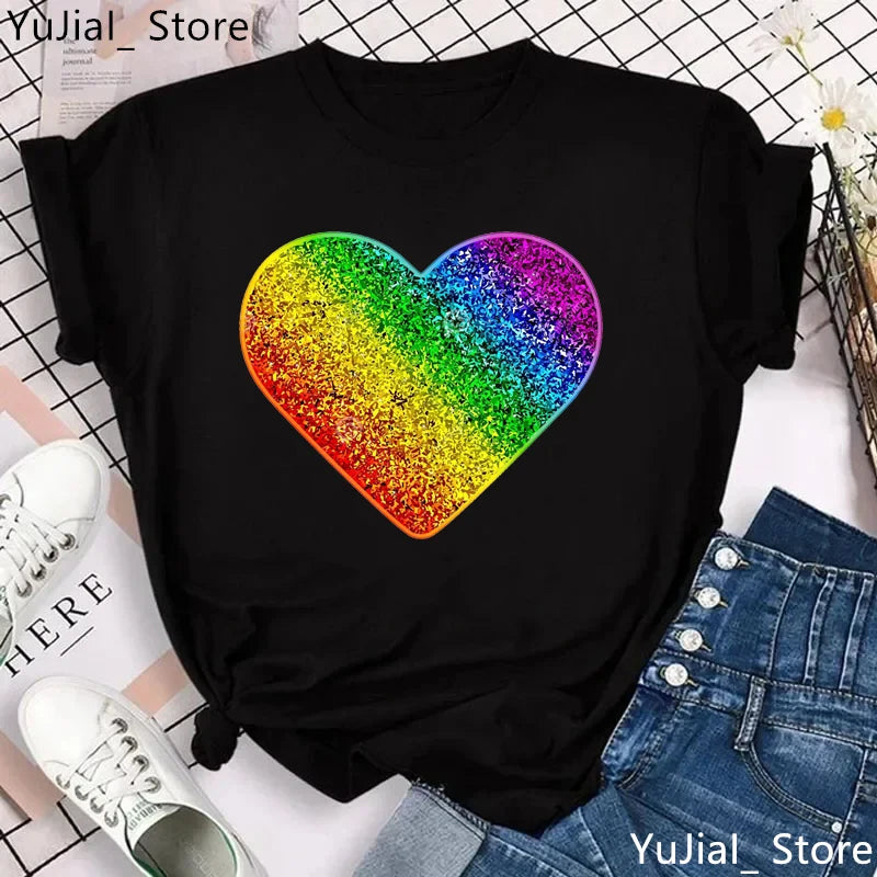 Rainbow Heart Print Lgbt T Shirt Summer Top Female T-Shirt Cute Girl Tumblr Clothes Tee Shirt Femme Streetwerar 90s 00s Tshirt