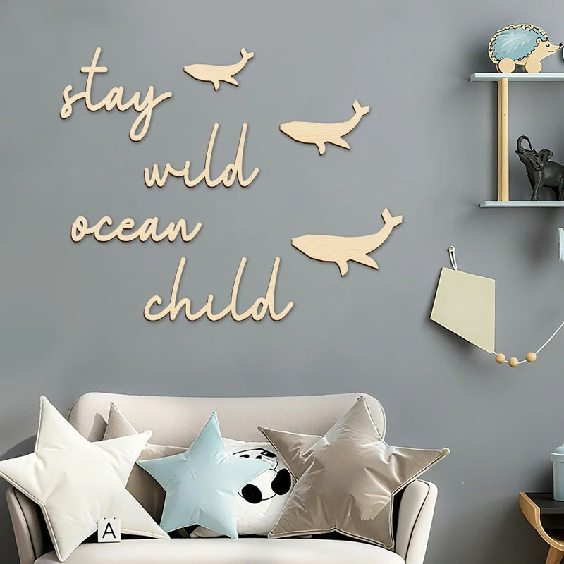 Stay Wild Ocean Child Sign Wooden Wall Stickers Coastal Room Wall Stickers Wood Phrase and Fish Pattern Decor Room Wall Decor