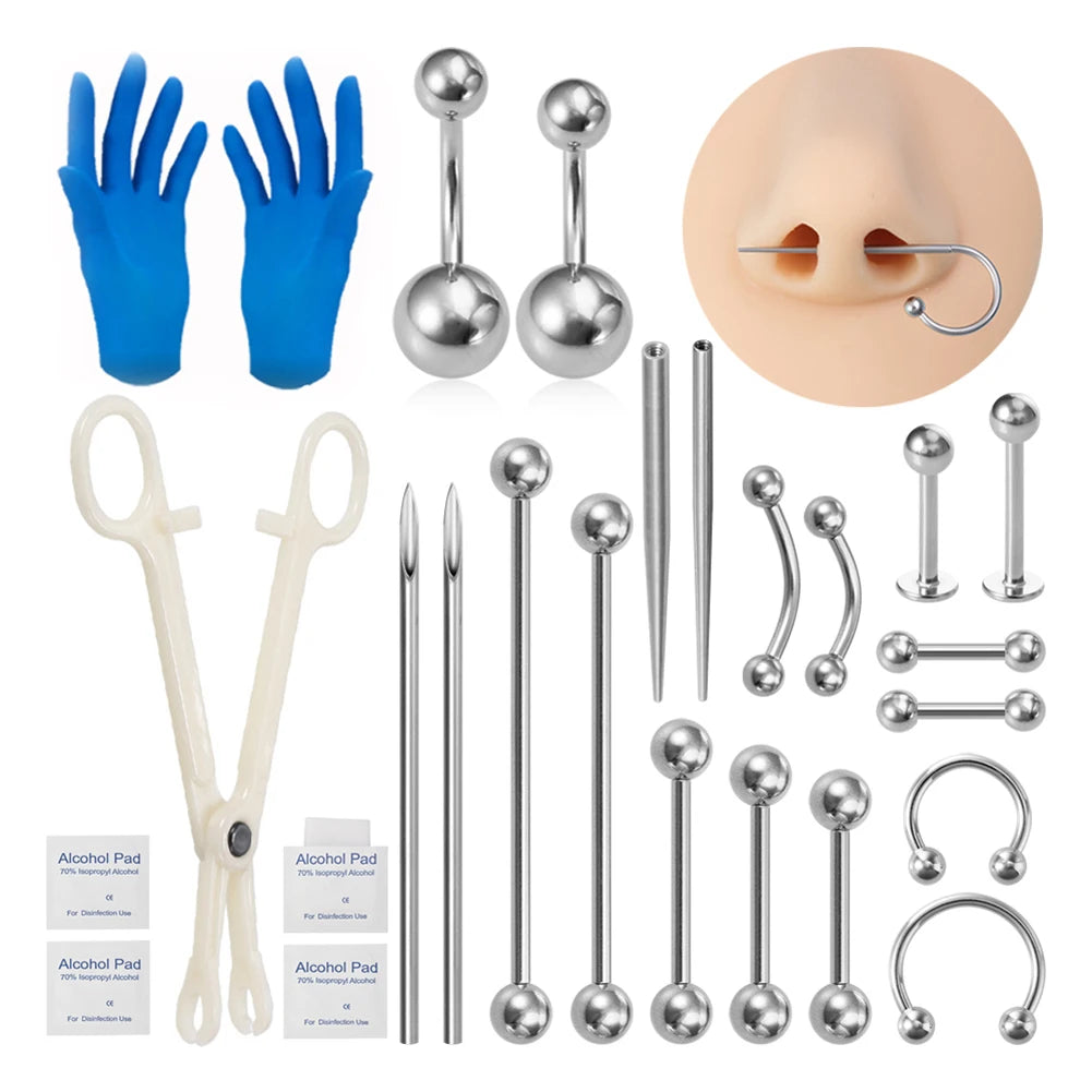 Body Piercing Kit – Surgical Steel Tapers, Needles & Tools for Lip, Nose, Tongue, Cartilage & Navel