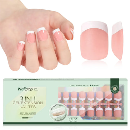 150PCS Short Coffin Press on Nails 3 in 1 Coat Soft Gel Nail Tips French Tip 15 Sizes