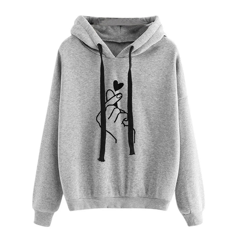 Korean‑Style Fleece Hoodie – Solid Color Finger‑Heart Design, Cozy Autumn Long‑Sleeve Sweatshirt with Pockets