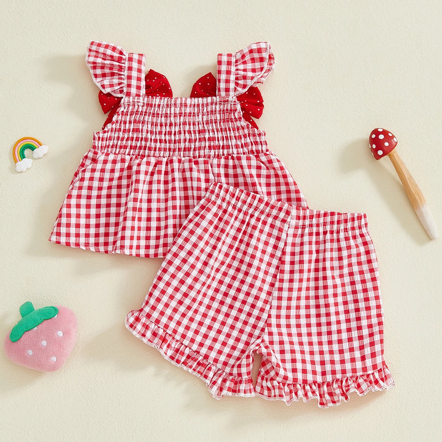 Toddler Baby Girl Summer Clothes Strawberry Outfit Sleeveless Ruffle Tank Top and Red Gingham Plaid Shorts Set 2Pcs