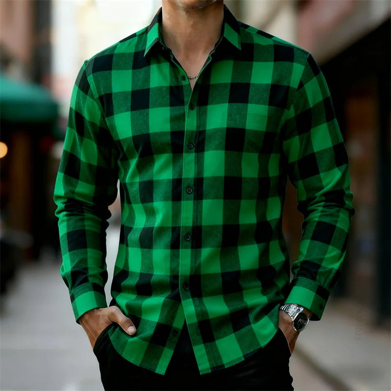 Men's classic red and black plaid long-sleeved shirt casual retro