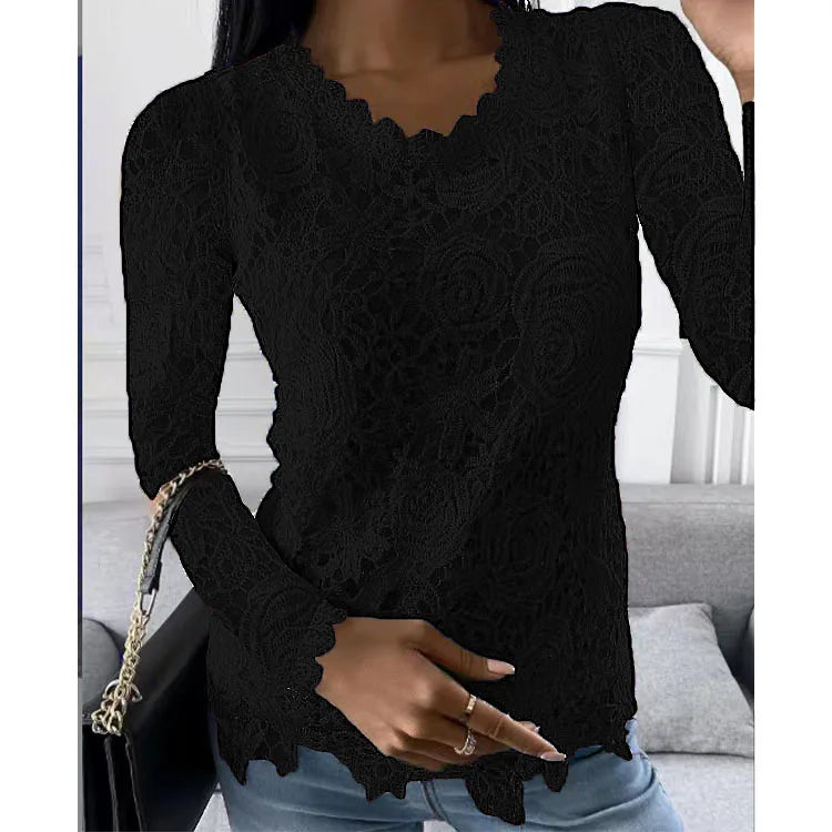 Women Lace Hollow T Shirt Top Fashion Round Neck Long Sleeve Office Lady Blouses Casual Vintage High Street Boho Tops All Season