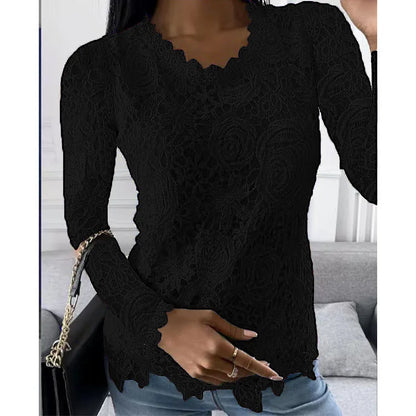 Women Lace Hollow T Shirt Top Fashion Round Neck Long Sleeve Office Lady Blouses Casual Vintage High Street Boho Tops All Season