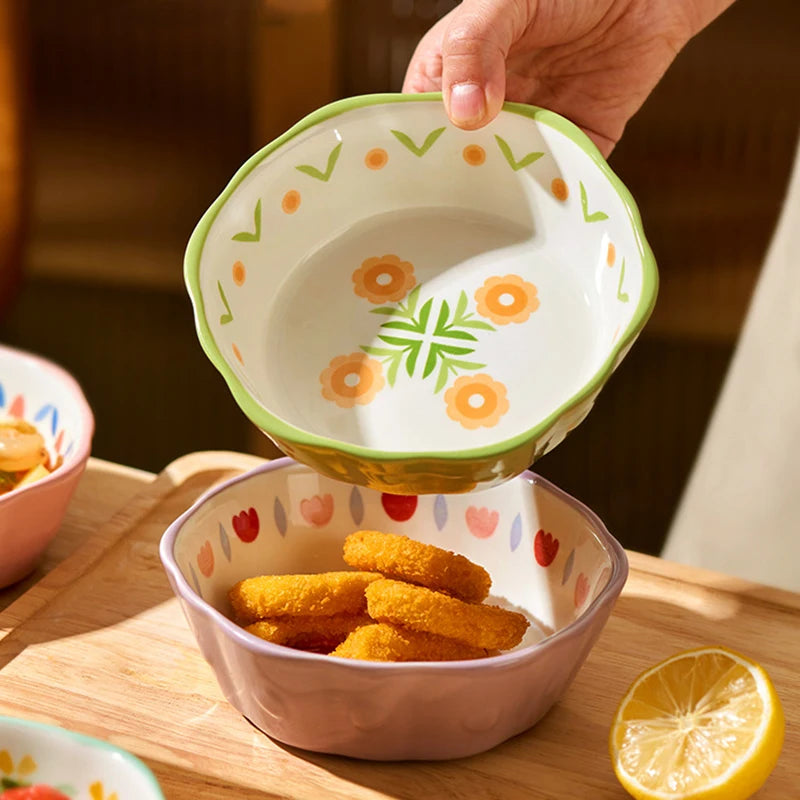 Heat Resistant Ceramic Salad Bowl With Wavy Edges Dessert Bowl Kitchen Fruit Dish Microwave Oven Oven Safety 6inch