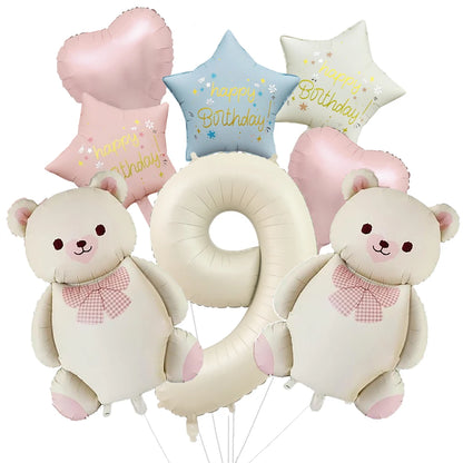 Cute Teddy Bear Party Birthday Number Balloons Large Retro Brown Bear Foil Balloon Set 8 pcs Baby Shower Birthday Party Decor