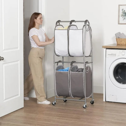 2 Tier Vertical Rolling Laundry Cart - Rolling Storage Cart On Wheels With 4 x Tote Hampers