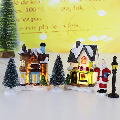 12 Pcs Mini Resin Christmas Village Figurines Decoration Set Lighted LED Christmas Winter Village Houses Xmas Winter Decorations