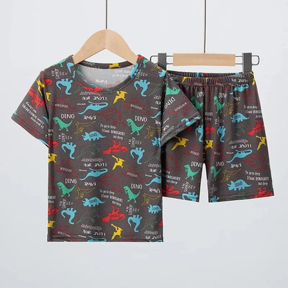 2 Pcs Children's Fun Printing Multicolor  Short Sleeve Shirt & Shorts Set