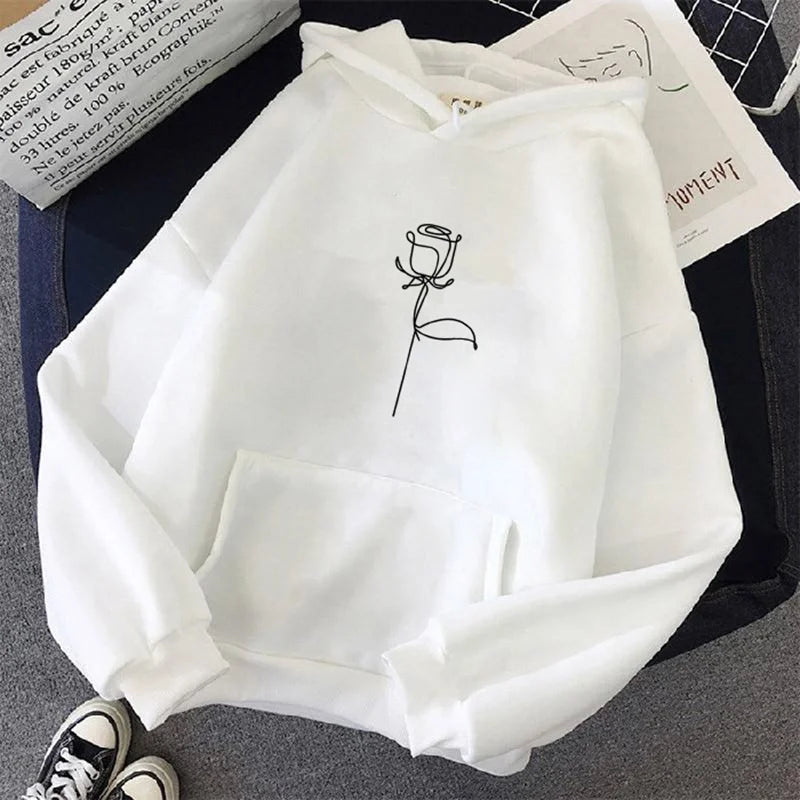 Women's Hoodie Pullover Sweatshirt Stylish Flower Print With Thick Long Sleeves Tops Loose