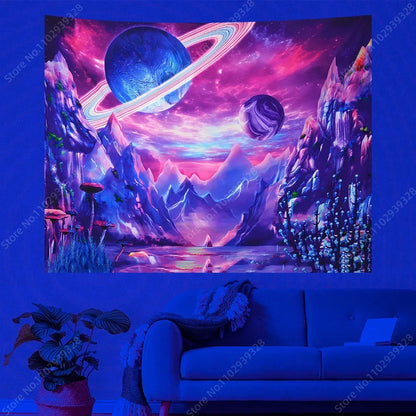 Galaxy Space Landscape UV Reactive Tapestry Trippy Planet Mountain River Neon Art Wall Tapestries for Bedroom Dorm Party Decor