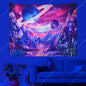 Galaxy Space Landscape UV Reactive Tapestry Trippy Planet Mountain River Neon Art Wall Tapestries for Bedroom Dorm Party Decor