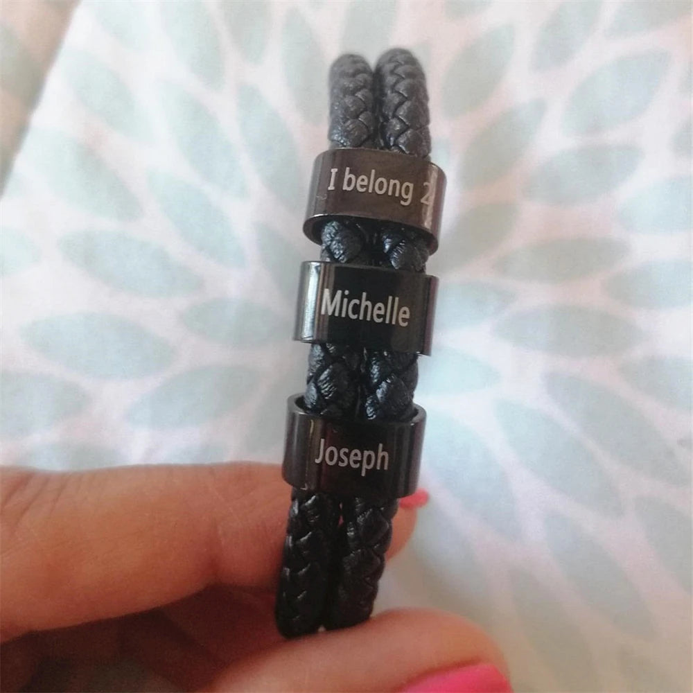 Gifts for Dad Father's Day Personalized Mens Bracelet Custom Engraved 1-5 Names Beads Bracelet Black Braid Leather Tiki Jewelry