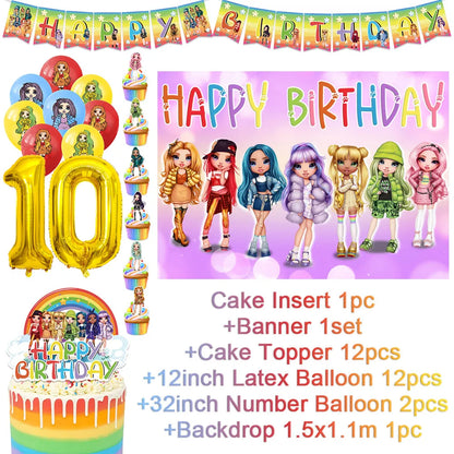 Cartoon Rainbow Doll High School Theme Background Birthday Party Decoration Supplies Disposable Cup Cutlery Balloon Baby Gift