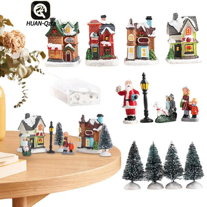 12 Pcs Mini Resin Christmas Village Figurines Decoration Set Lighted LED Christmas Winter Village Houses Xmas Winter Decorations