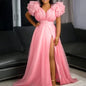 Women's Puff Mesh Short Sleeves Party Side Split Deep V Neck Sexy Club Birthday Dresses Plus Size