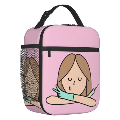 Custom cartoon-printed lunch bag featuring ladies, nurses, and doctors. Thermal insulated, reusable, and multifunctional, perfect for kids' food bento boxes.
