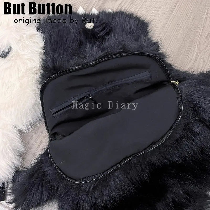Gothic Y2K Plush Monster Backpack with Button Eyes – Dark Fashion School Bag