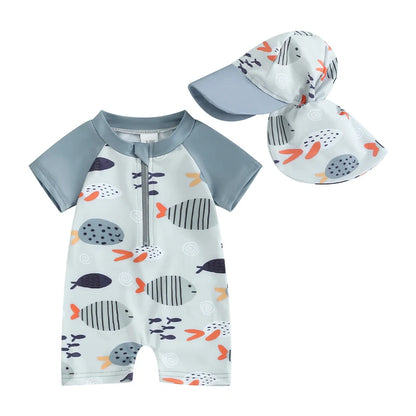 2024-01-04 Lioraitiin Toddler Baby Boys Swimwear Cartoon Fish Print Short Sleeve Swimsuit Zipper Bathing Suits with Swimming Hat
