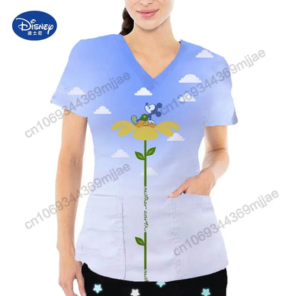 Women's Vintage V-neck Anime T-shirt Pocket Nurse Uniform