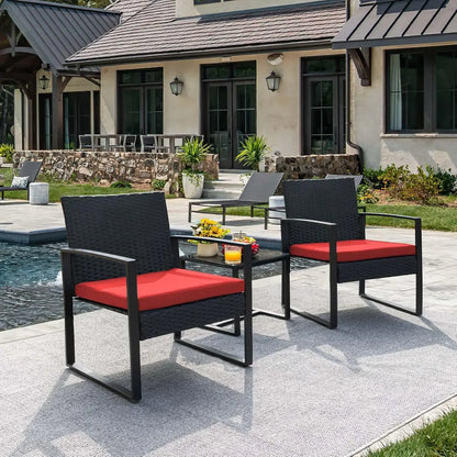 3‑Piece Red Wicker Patio Set – Modern Outdoor Rattan Chairs with Coffee Table