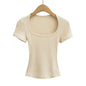 Square Collar High Stretch Summer Crop Tops Women Short Sleeve Tops Sexy Pullover Bottoming Blouses Slim T-shirt