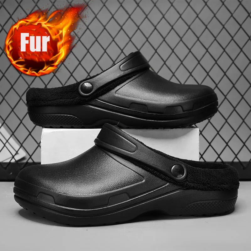 winter fluffy slippers men outdoor clogs warm home cotton shoes indoor cozy slides pull on comforty non-slip chef shoes
