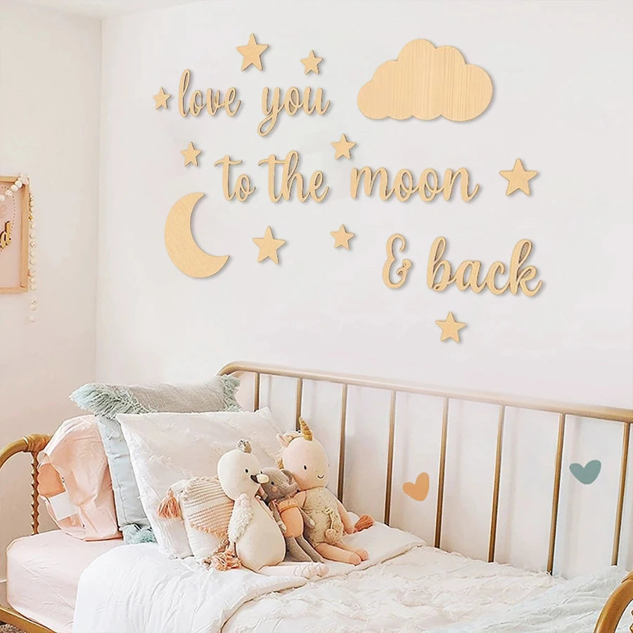 18-Piece Wooden Wall Stickers with the Phrase "Love You to the Moon," Children's Room Star and Moon Cloud Decoration Set, Nordic Style Wooden Star and Moon Letter Wall Decor, Cozy Love Message Soft Decoration for Baby Room, B
