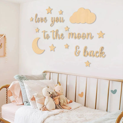 18-Piece Wooden Wall Stickers with the Phrase "Love You to the Moon," Children's Room Star and Moon Cloud Decoration Set, Nordic Style Wooden Star and Moon Letter Wall Decor, Cozy Love Message Soft Decoration for Baby Room, B