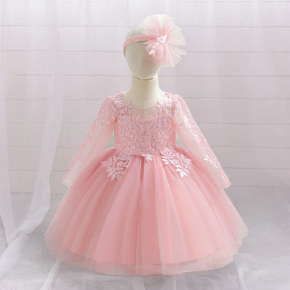 White Baptism Girls Long Sleeve Party Baby Girl Dresses Toddler Flower Embroidery 1st Birthday Gown Summer Evening Kids Clothes