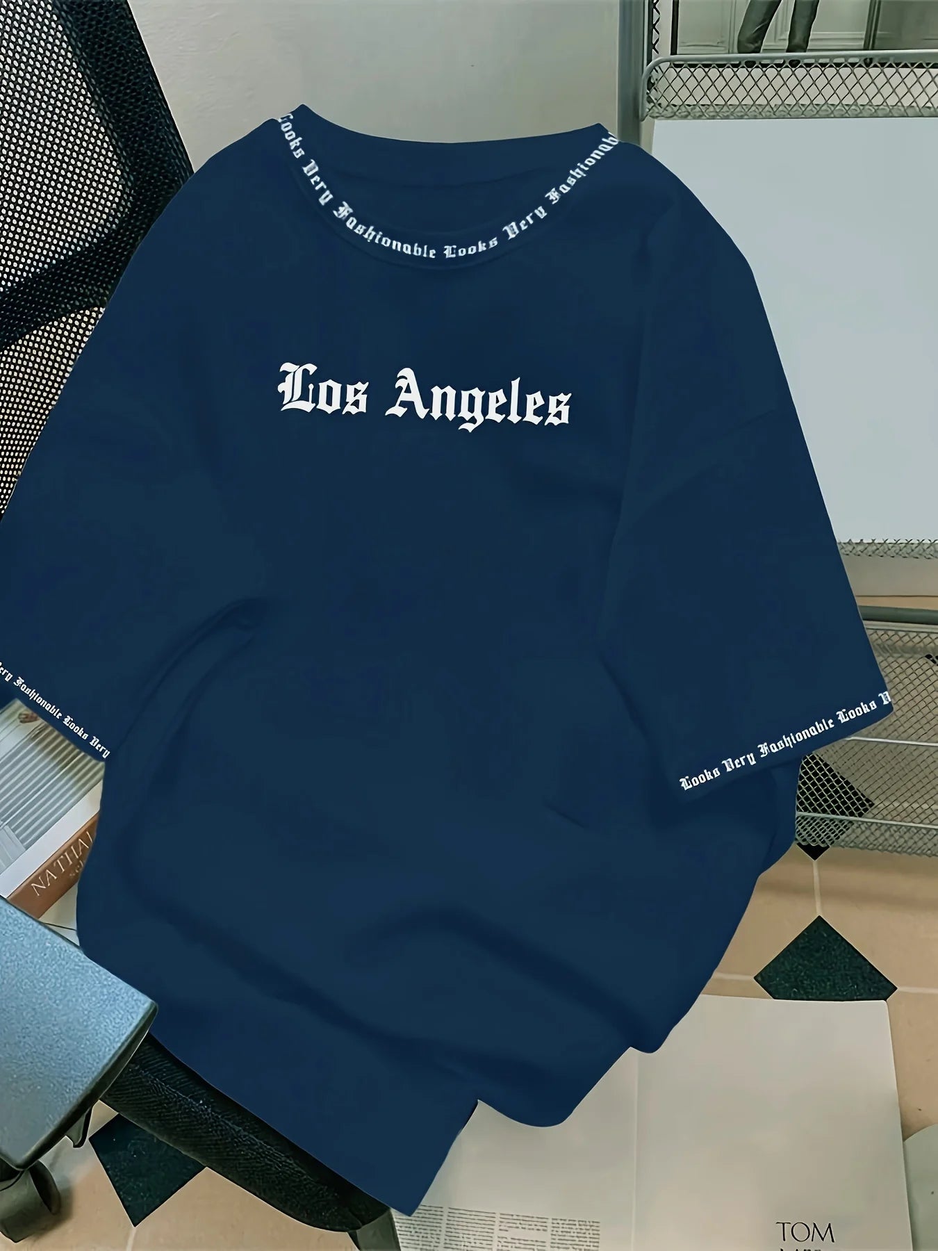 Men's Oversized Los Angeles Letter Print T-Shirt Polyester Summer Breathable Fabric Stylish Minimalist Short-Sleeve Design