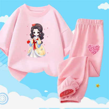 Teens Girls' 2-Piece Fashion Outfit: Princess Short Sleeve T-Shirt and Long Pants Tracksuit Set