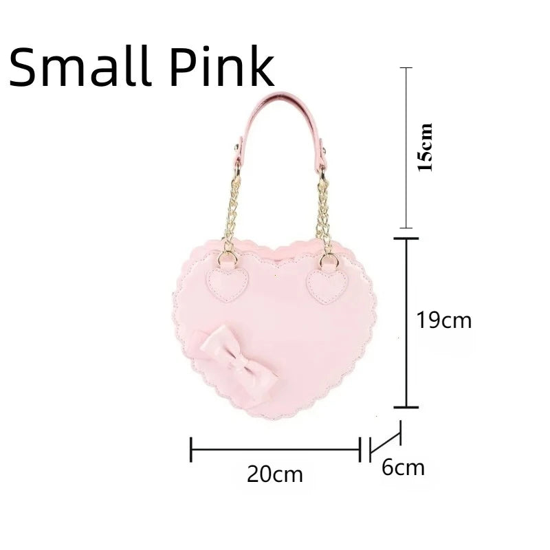 PU Heart Lolita Shoulder Bag – Bowknot Decor Japanese Shell Purse in Two Sizes, Cute Pink Messenger Bag