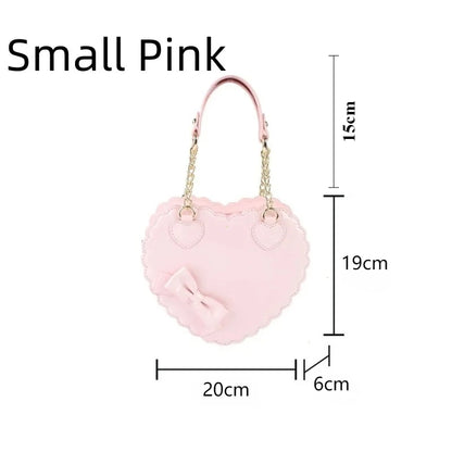 PU Heart Lolita Shoulder Bag – Bowknot Decor Japanese Shell Purse in Two Sizes, Cute Pink Messenger Bag
