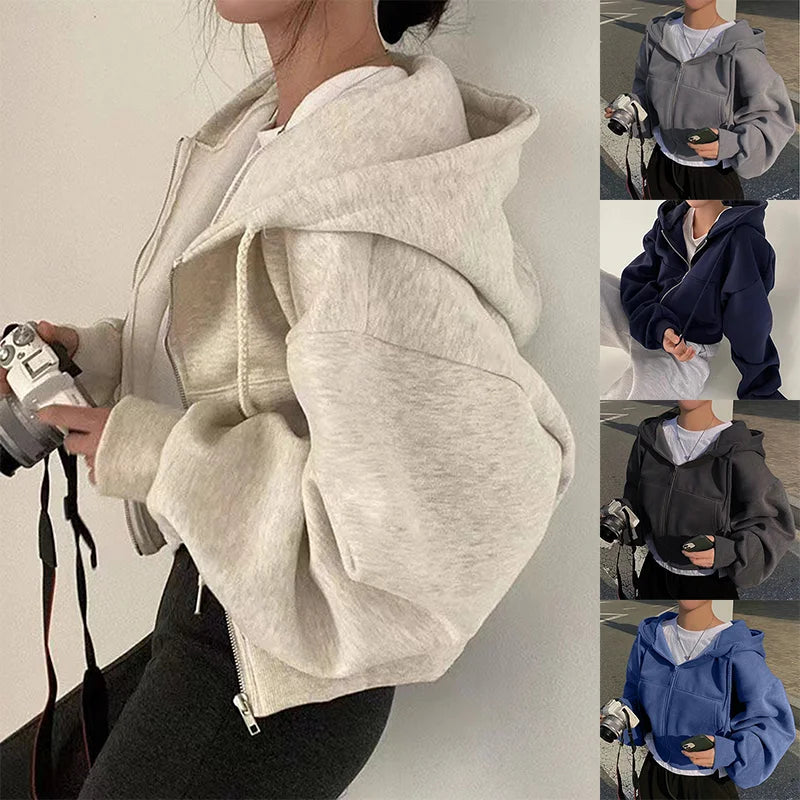 Fleece‑Lined Cropped Zip‑Up Hoodie – Slim Fit Navy Blue Warm Spring/Autumn Sweatshirt for Women