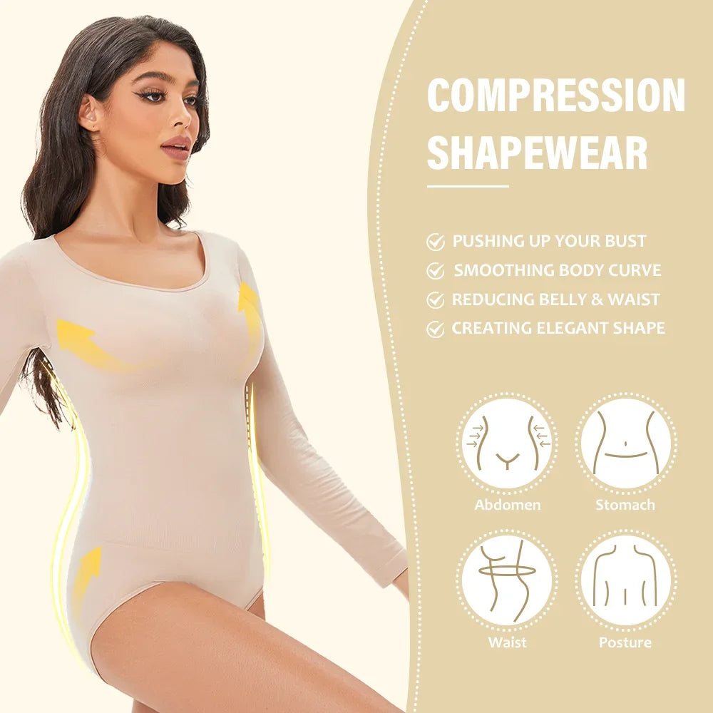 Womens Spandex Elastic Body Suit   Tummy Control Long Sleeve Shapewear Open Crotch
