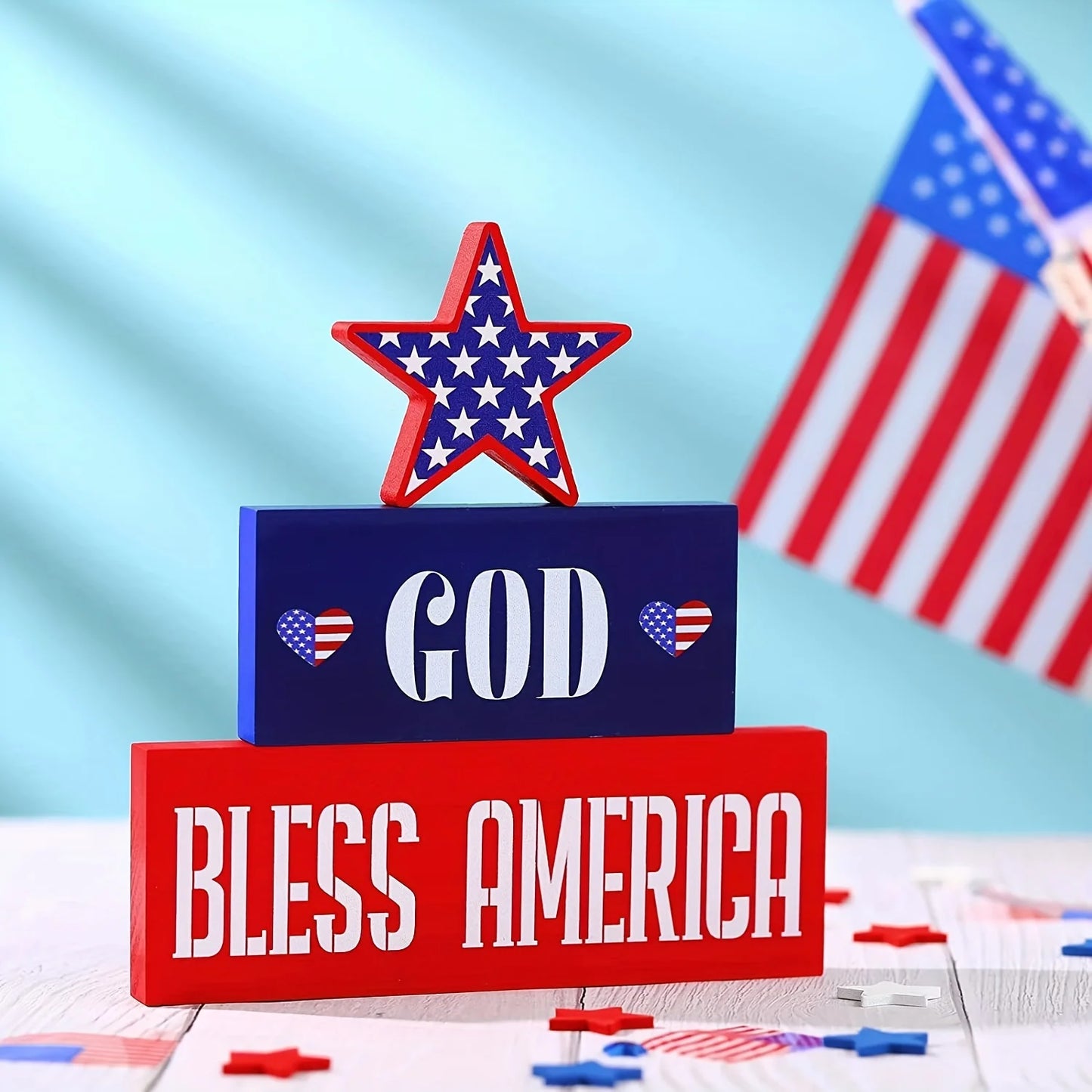 3Pcs 4th of July Patriotic Decorations GOD BLESS AMERICA Wooden Signs, Fourth of July Red White Blue Decorations for Memorial
