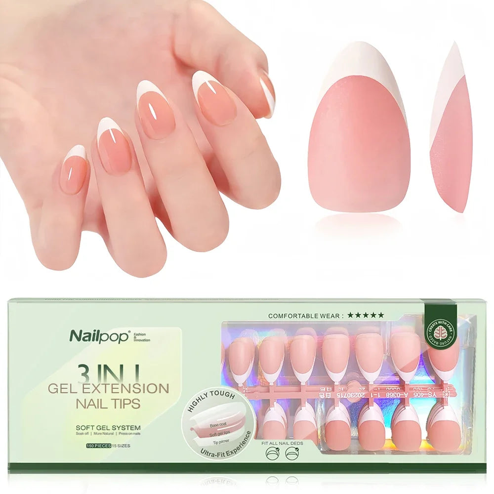 150PCS Short Coffin Press on Nails 3 in 1 Coat Soft Gel Nail Tips French Tip 15 Sizes