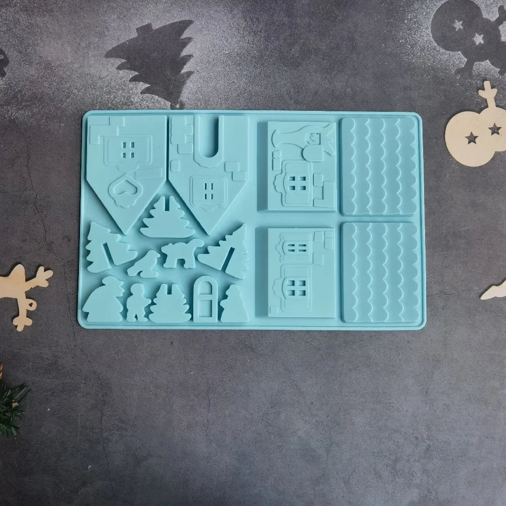 1PC Christmas House Building block Chocolate Silicone Mold Cake Decoration DIY Gingerbread House Shape Biscuits Stencil Baking