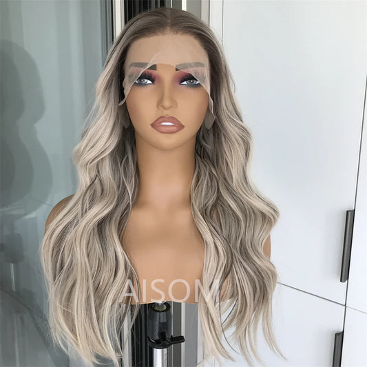 Highlight Ash Platinum Blonde Body Wave Synthetic Lace Front Wig for Women Long Wavy Pre Plucked Heat Resistant Fiber Wig