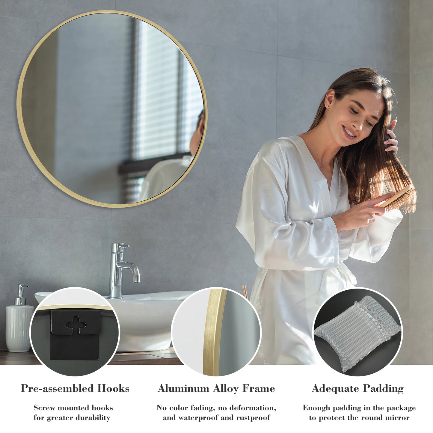 Large Gold Round Vanity Framed Mirror for Wall Matte Metal Framed 30 Inch Modern Mirror Tempered Glass Bedroom Living Room