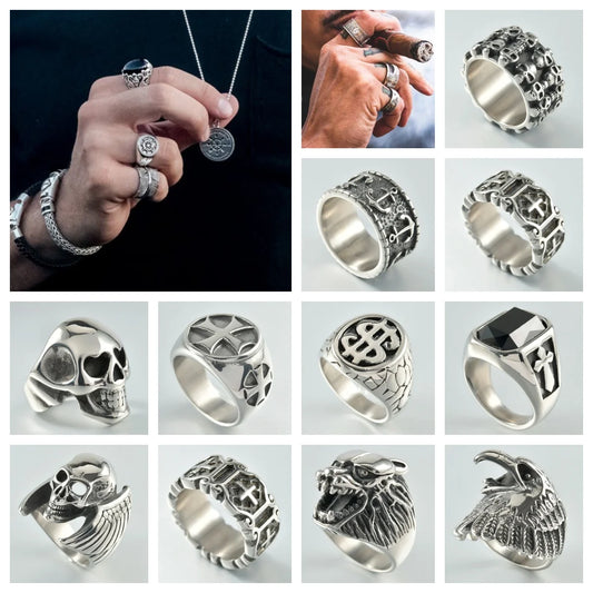 1PC Stainless Steel Vintage Punk Skull Cross Eagle Mens Ring Finger Jewelry Hip Hop Rock Culture Ring Unisex Male Party Ring