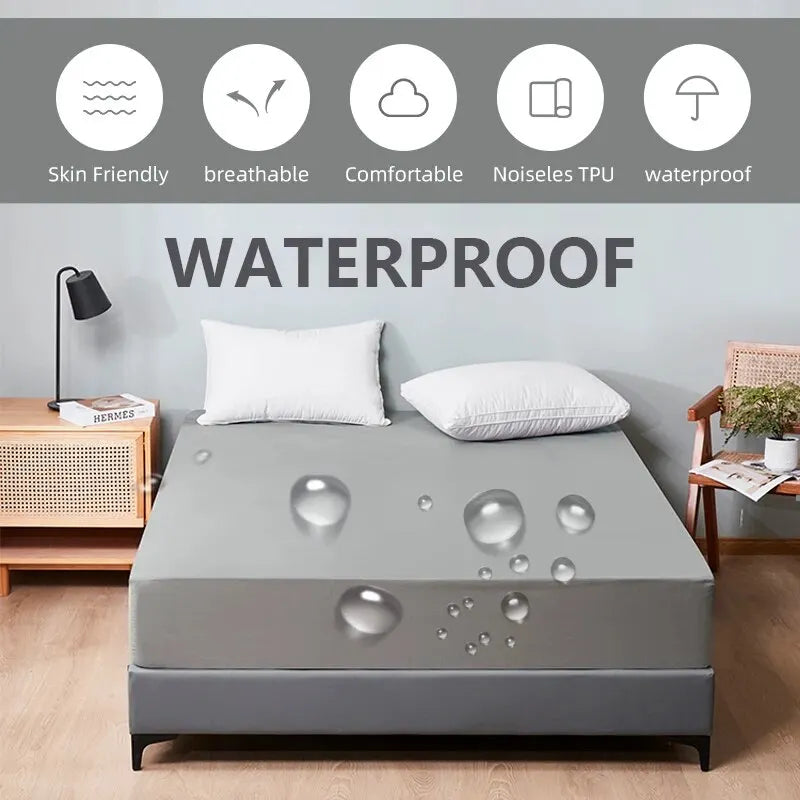 Safe Waterproof Mattress Protector, Soft Comfortable Breathable Solid Color Bedding Mattress Cover Fitted, Machine Washable