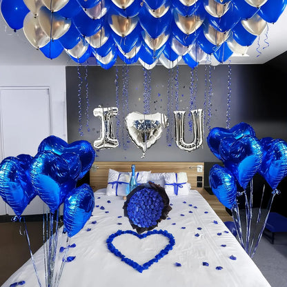 I Love You set Blue Sliver/red balloons kit Include Heart Shaped Balloons and Artificial Rose Petals Kit for Valentines Party