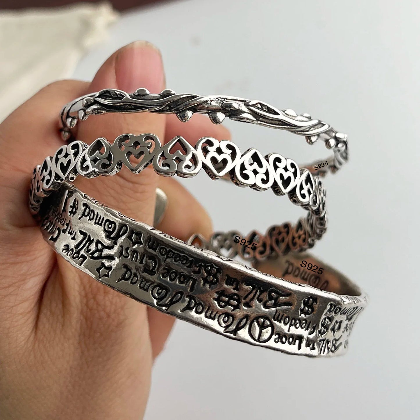 Retro 925 Sterling Silver Bracelet for Women Men Vintage Handmade Hollow Heart Bracelet