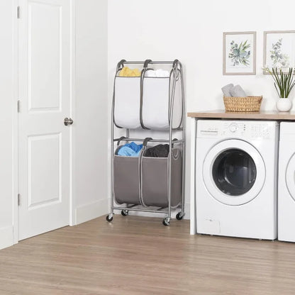 2 Tier Vertical Rolling Laundry Cart - Rolling Storage Cart On Wheels With 4 x Tote Hampers