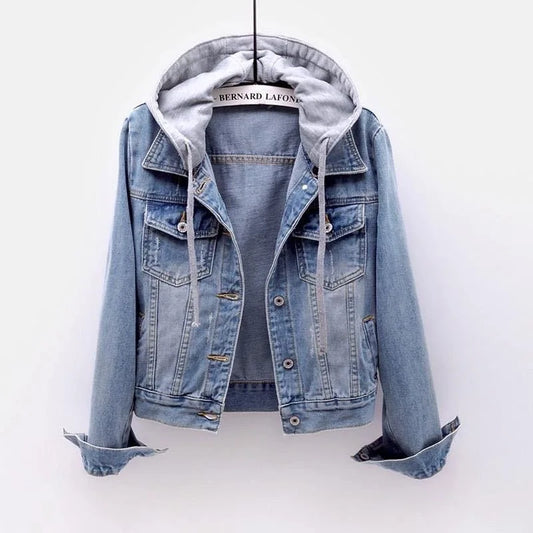 Denim Coat Women Hooded Full Sleeve Regular Splice Short Coats Slim Fit Solid Office Ladies Casual Jackets Outerwear 2024