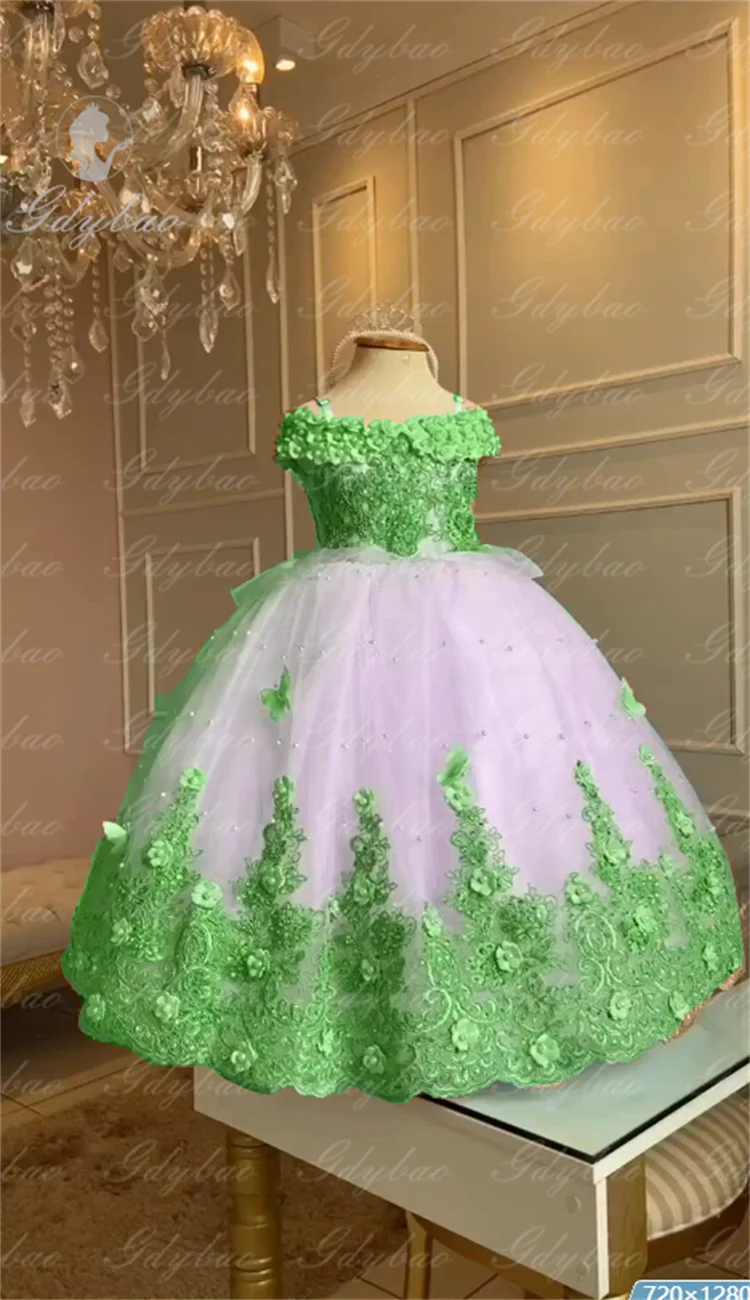 Baby Flower Girl Dresses Off-the-shoulder Pearls Gold appliqués Off Lace Butterflies Flower Princess Dress Infant First Birthday