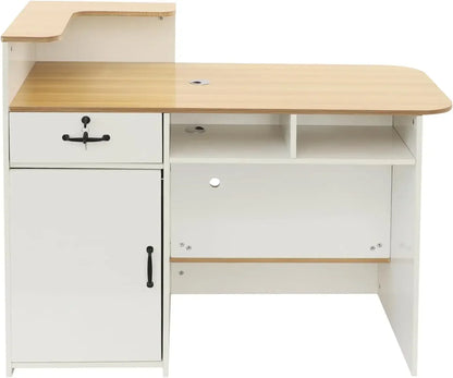 L Shaped Reception Desk With LED Lights Cable Grommet Lockable Drawers Modern Front Table For Lobby Salon Office Retail Checkout